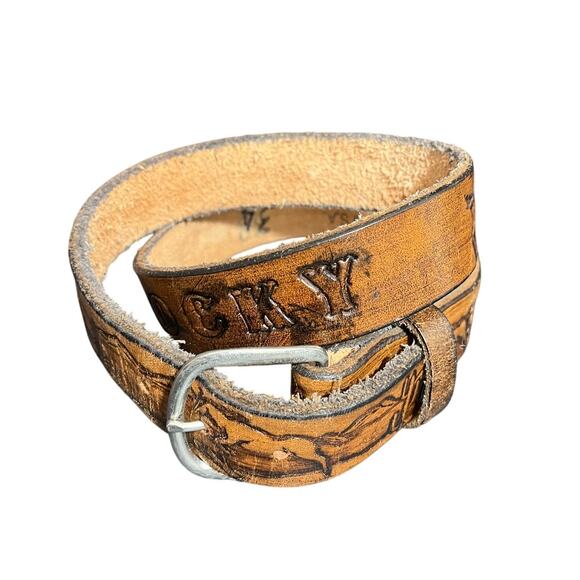 Vintage Rocky Tooled Leather Belt Horse Animal Nature Mens Size‎ 34 - Picture 1 of 8